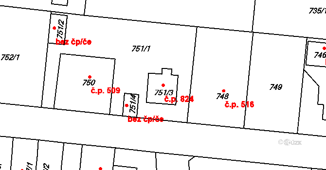Vejprnice 824 na parcele st. 751/3 v KÚ Vejprnice, Katastrální mapa