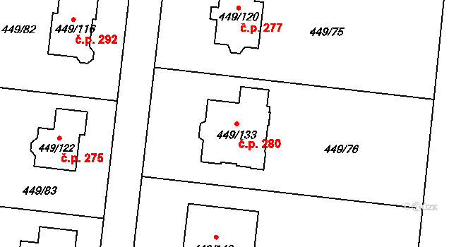 Bystrovany 280 na parcele st. 449/133 v KÚ Bystrovany, Katastrální mapa