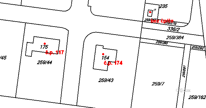 Hněvousice 174, Mnichovo Hradiště na parcele st. 154 v KÚ Sychrov nad Jizerou, Katastrální mapa
