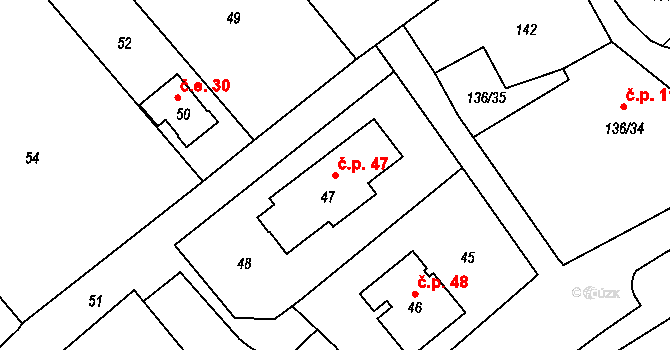 Tři Studně 47 na parcele st. 47 v KÚ Tři Studně, Katastrální mapa