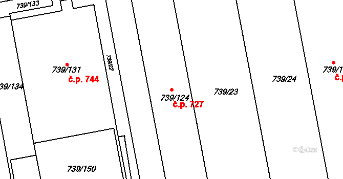 Moravany 727 na parcele st. 739/124 v KÚ Moravany u Brna, Katastrální mapa