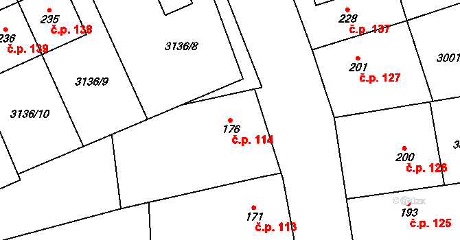 Kozlany 114 na parcele st. 176 v KÚ Kozlany u Vyškova, Katastrální mapa
