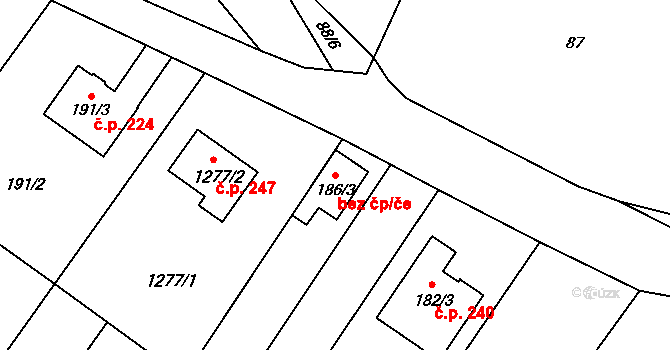 Kroměříž 49348655 na parcele st. 186/3 v KÚ Postoupky, Katastrální mapa