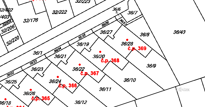 Česká 368 na parcele st. 36/20 v KÚ Česká, Katastrální mapa