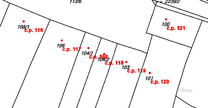 Loštice 118 na parcele st. 104/2 v KÚ Loštice, Katastrální mapa