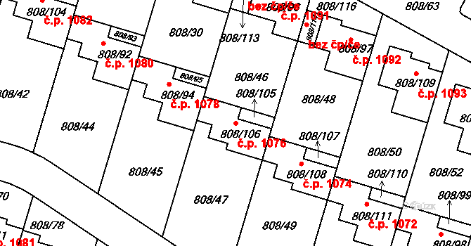 Srubec 1076 na parcele st. 808/106 v KÚ Srubec, Katastrální mapa