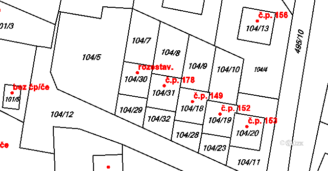 Černotín 178 na parcele st. 104/31 v KÚ Černotín, Katastrální mapa