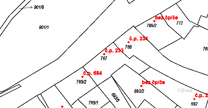 Lednice 233 na parcele st. 767 v KÚ Lednice na Moravě, Katastrální mapa