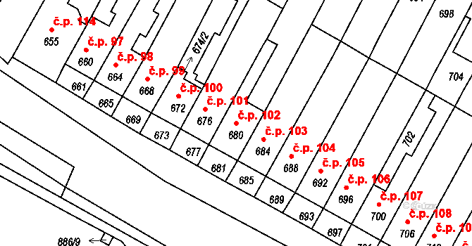 Rychlov 102, Bystřice pod Hostýnem na parcele st. 680 v KÚ Rychlov u Bystřice pod Hostýnem, Katastrální mapa