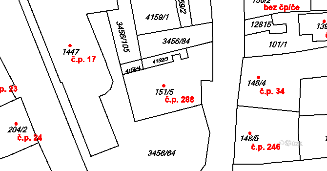Hrušovany nad Jevišovkou 288 na parcele st. 151/5 v KÚ Hrušovany nad Jevišovkou, Katastrální mapa