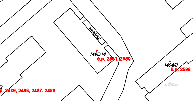 Mělník 2550,2551 na parcele st. 1495/14 v KÚ Mělník, Katastrální mapa