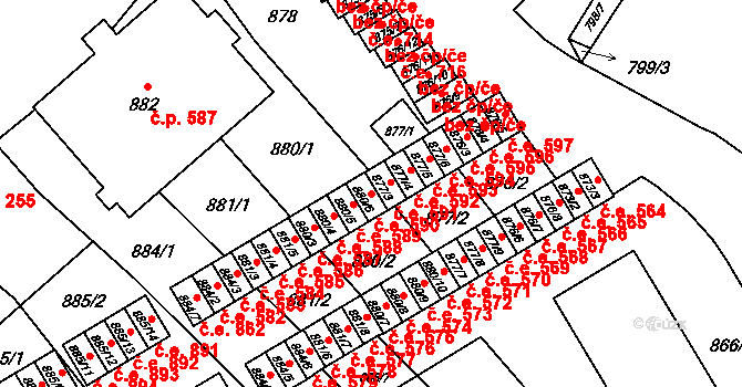 Vyškov-Předměstí 590, Vyškov na parcele st. 880/6 v KÚ Vyškov, Katastrální mapa