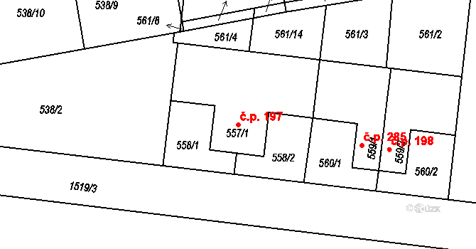 Mochov 197 na parcele st. 557/1 v KÚ Mochov, Katastrální mapa