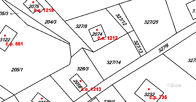 Ostravice 1212 na parcele st. 2074 v KÚ Ostravice 1, Katastrální mapa