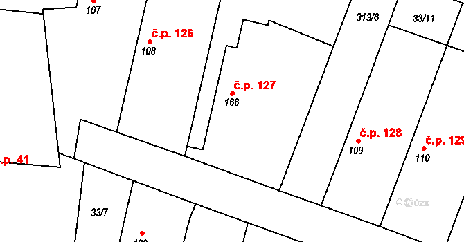 Lovčice 127 na parcele st. 166 v KÚ Lovčice u Nového Bydžova, Katastrální mapa