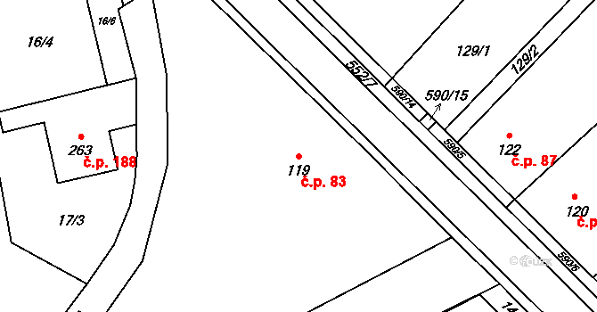 Blatec 83 na parcele st. 119 v KÚ Blatec, Katastrální mapa