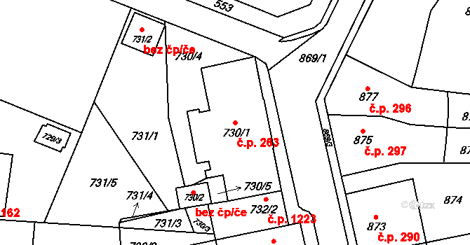 Jilemnice 263 na parcele st. 730/1 v KÚ Jilemnice, Katastrální mapa