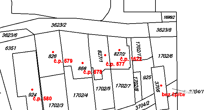 Rožnov pod Radhoštěm 577 na parcele st. 827/1 v KÚ Rožnov pod Radhoštěm, Katastrální mapa