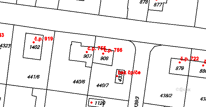 Strakonice I 756, Strakonice na parcele st. 908 v KÚ Strakonice, Katastrální mapa