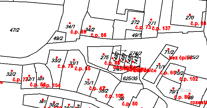 Podklášteří 88, Třebíč na parcele st. 275 v KÚ Podklášteří, Katastrální mapa