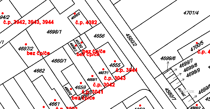 Židenice 3044, Brno na parcele st. 4655 v KÚ Židenice, Katastrální mapa