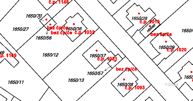 Pelhřimov 1031 na parcele st. 1650/37 v KÚ Pelhřimov, Katastrální mapa