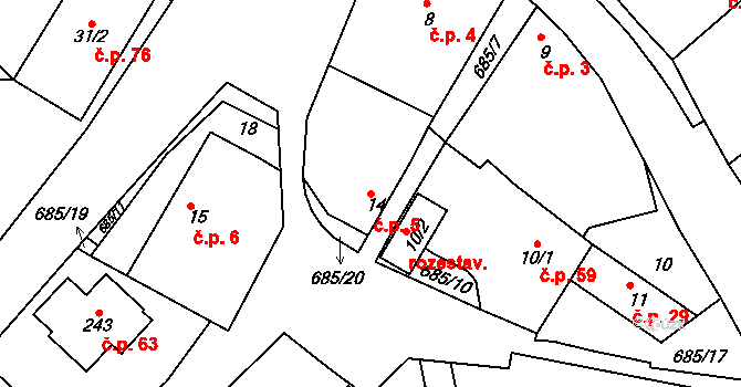 Jemníky 5, Mladá Boleslav na parcele st. 14 v KÚ Jemníky u Mladé Boleslavi, Katastrální mapa