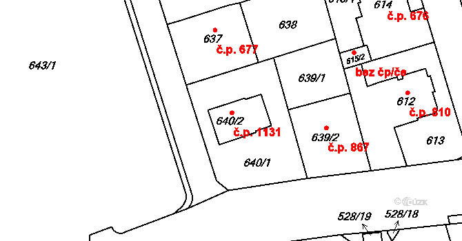 Radotín 1131, Praha na parcele st. 640/2 v KÚ Radotín, Katastrální mapa