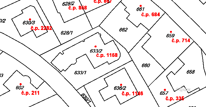 Chodov 1168, Praha na parcele st. 633/2 v KÚ Chodov, Katastrální mapa