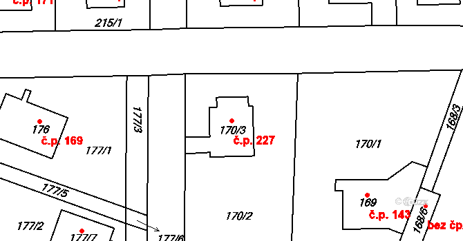 Třeboradice 227, Praha na parcele st. 170/3 v KÚ Třeboradice, Katastrální mapa