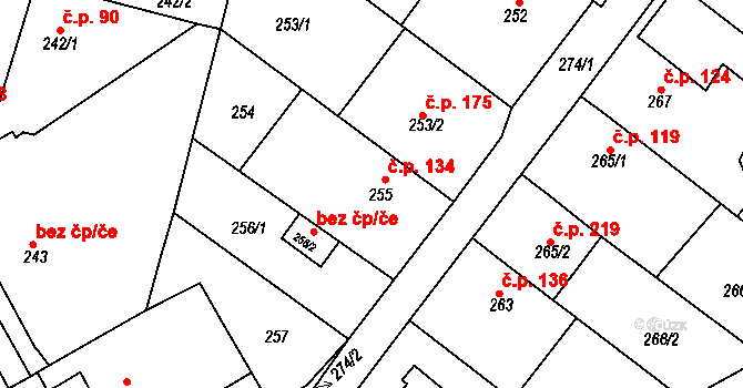 Ostrovačice 134 na parcele st. 255 v KÚ Ostrovačice, Katastrální mapa