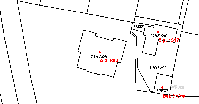 Severní Předměstí 893, Plzeň na parcele st. 11543/5 v KÚ Plzeň, Katastrální mapa
