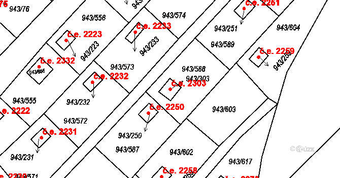 Velká Chuchle 2303, Praha na parcele st. 943/303 v KÚ Velká Chuchle, Katastrální mapa