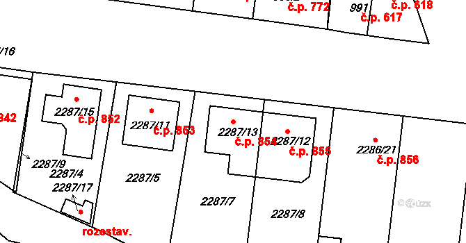 Lužice 854 na parcele st. 2287/13 v KÚ Lužice u Hodonína, Katastrální mapa