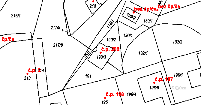 Krásný Dvůr 202 na parcele st. 190/3 v KÚ Krásný Dvůr, Katastrální mapa