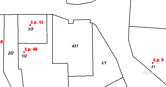 Vysočany 36, Nový Bydžov na parcele st. 1/1 v KÚ Vysočany u Nového Bydžova, Katastrální mapa