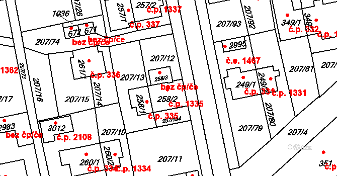 Sezimovo Ústí 1335 na parcele st. 258/2 v KÚ Sezimovo Ústí, Katastrální mapa