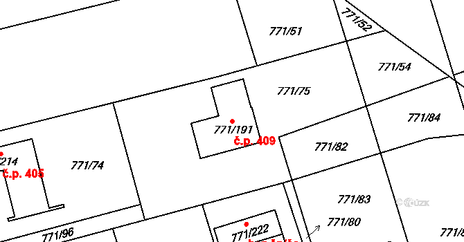Loděnice 409 na parcele st. 771/191 v KÚ Loděnice u Berouna, Katastrální mapa