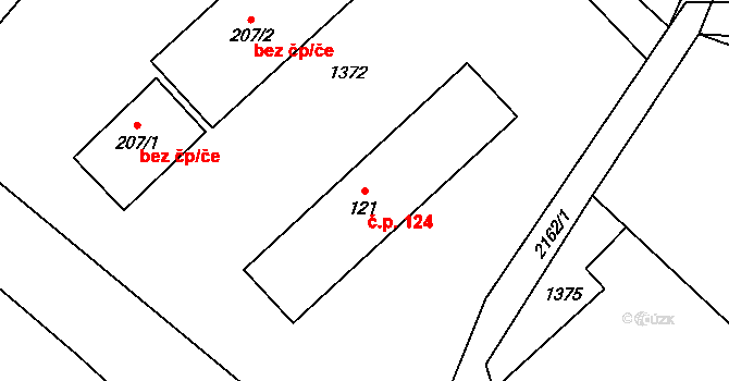 Bohdalov 124 na parcele st. 121 v KÚ Bohdalov, Katastrální mapa