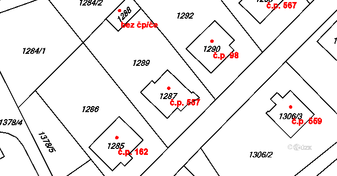 Rapotín 557 na parcele st. 1287 v KÚ Rapotín, Katastrální mapa