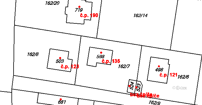 Kytín 135 na parcele st. 598 v KÚ Kytín, Katastrální mapa