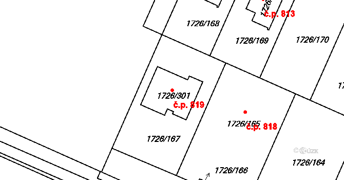 Hrušovany u Brna 819 na parcele st. 1726/301 v KÚ Hrušovany u Brna, Katastrální mapa