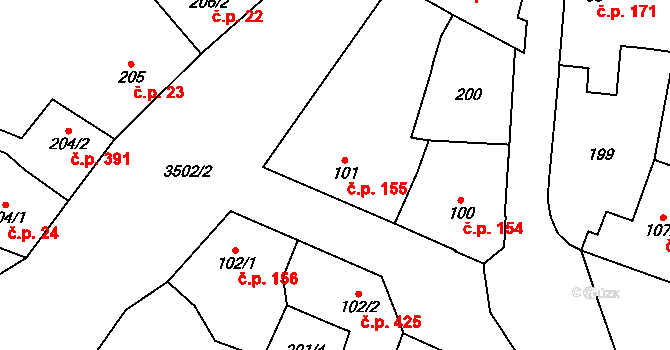 Lysice 155 na parcele st. 101 v KÚ Lysice, Katastrální mapa