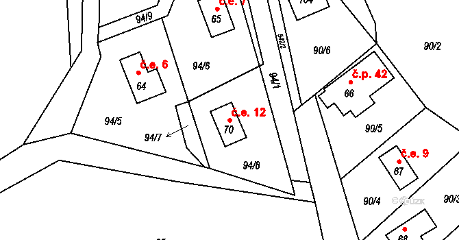 Pivonín 12, Zábřeh na parcele st. 70 v KÚ Pivonín, Katastrální mapa