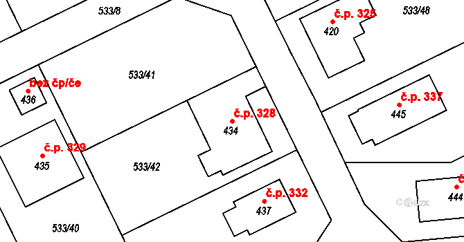 Unčín 328, Krupka na parcele st. 434 v KÚ Unčín u Krupky, Katastrální mapa