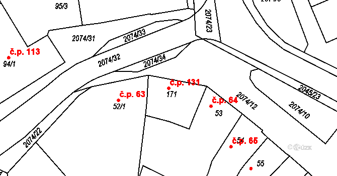Merklín 131 na parcele st. 171 v KÚ Merklín u Přeštic, Katastrální mapa