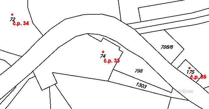 Nedvězí 33, Kounov na parcele st. 74 v KÚ Nedvězí u Dobrušky, Katastrální mapa