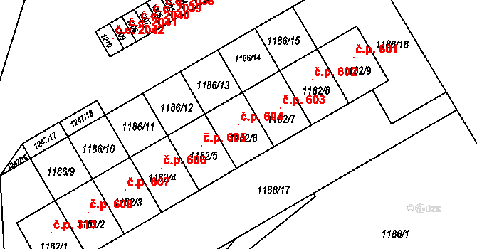 Mariánské Údolí 604, Hlubočky na parcele st. 1182/6 v KÚ Hlubočky, Katastrální mapa