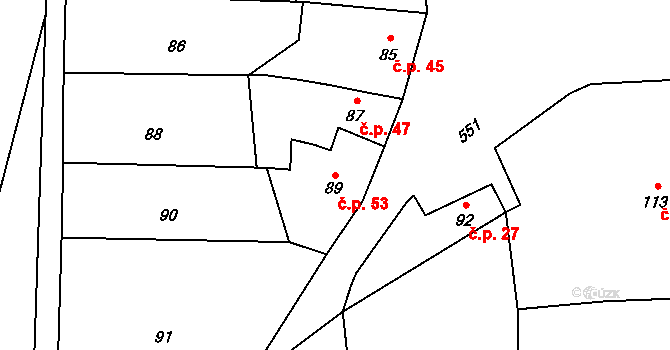 Zábeštní Lhota 53 na parcele st. 89 v KÚ Zábeštní Lhota, Katastrální mapa