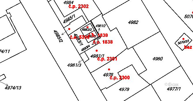 Jihlava 2301 na parcele st. 4981/1 v KÚ Jihlava, Katastrální mapa